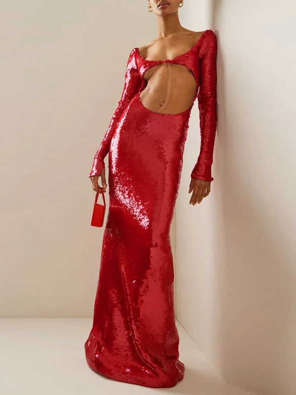 Elegant Sequins Maxi Dress for Women with Cutout Back and Long Sleeves